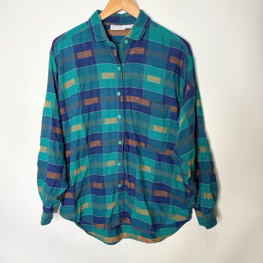 Vintage Honors Plaid Green Blue Button Up Long Sleeve Women Size 18W
